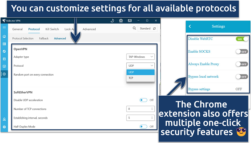 Image showing the protocol settings of hide.me app and settings of hide.me chrome extension