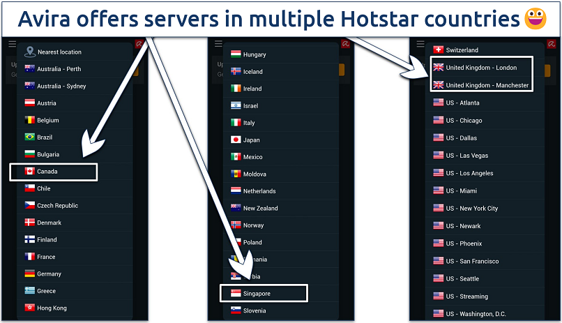 Image showing Avira's available free servers on mobile