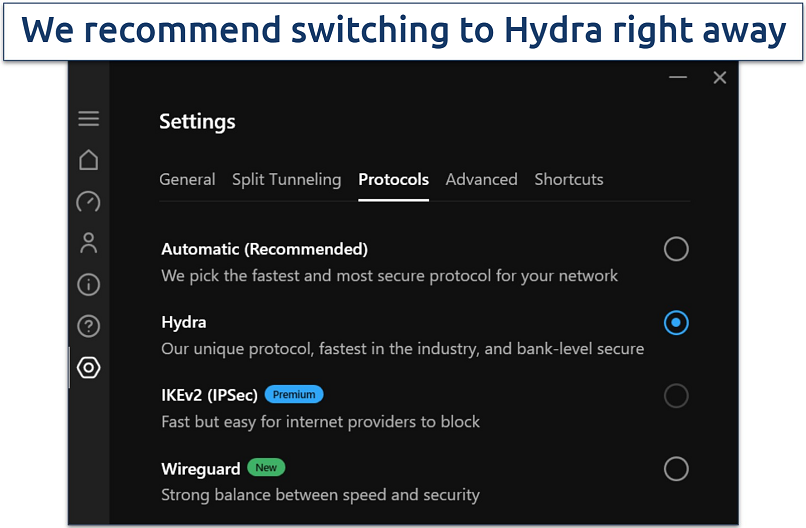 Image showing protocol settings of Hotspot Shield's free plan