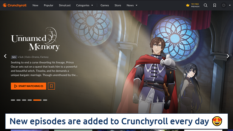 Screenshot of the Crunchyroll homepage