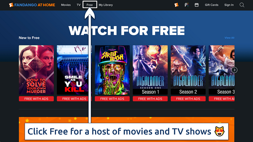 Screenshot of the Fandango at Home homepage