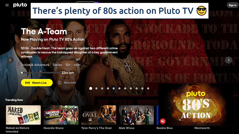 Screenshot of the Pluto TV homepage