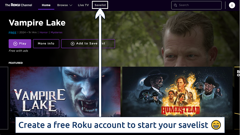 Screenshot of the Roku Channel homepage