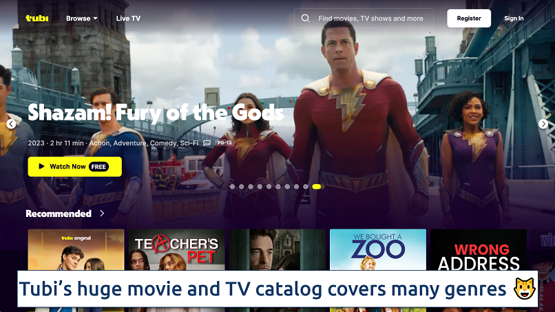 Screenshot of the Tubi TV homepage