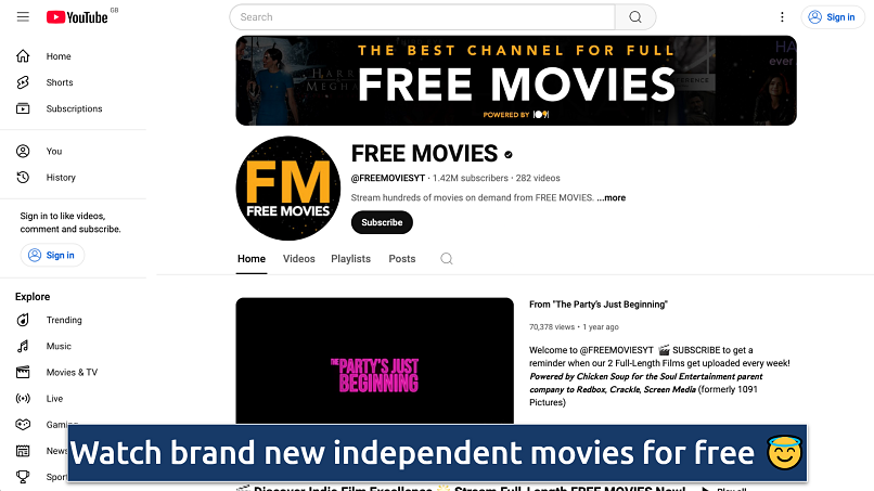 Screenshot of the YouTube Movies homepage