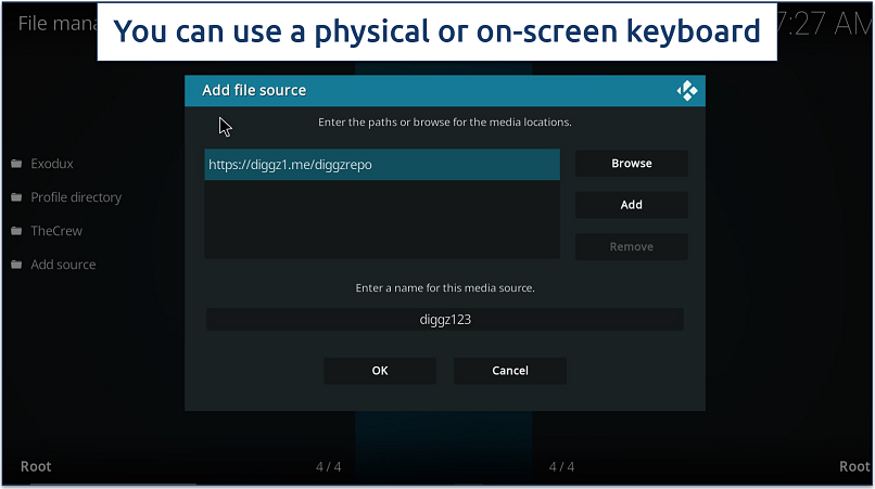 Screenshot of the Kodi Add source interface with the on-screen keyboard