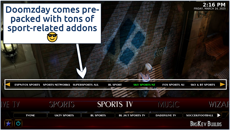 Screenshot of the Doomzday BigKev - NOVA Kodi interface with its Sports TV menu