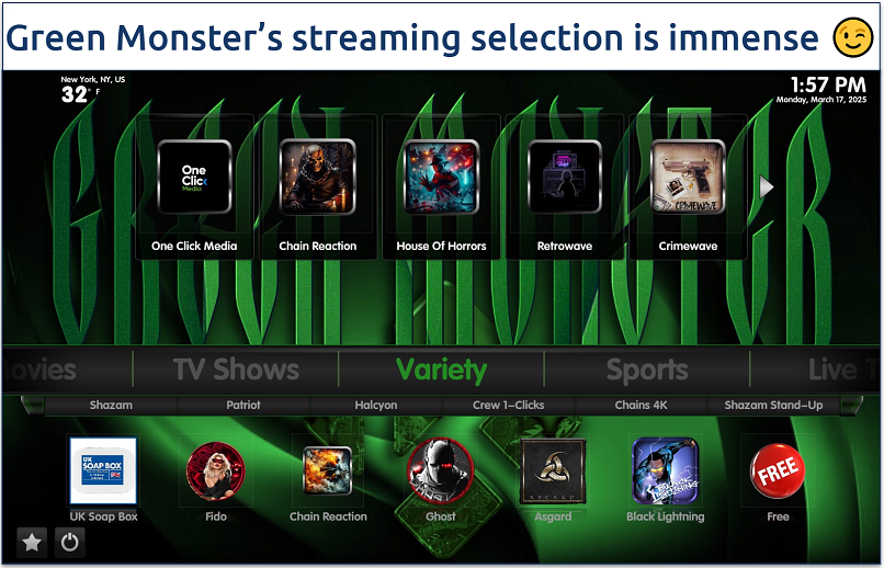 Screenshot of the Green Monster interface highlighting its diverse range of streaming addons