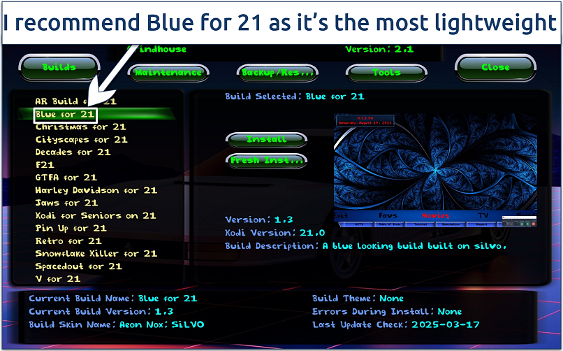 Screenshot of Grindhouse's builds list
