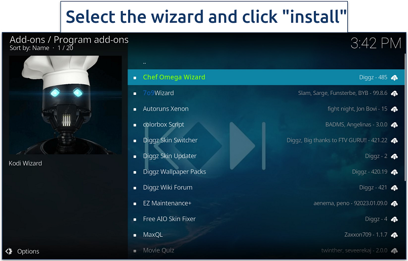 Screenshot of Program add-ons list for the Diggz Xenon repository