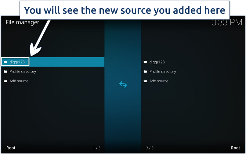 Screenshot of the Kodi File manager interface with the newly added source