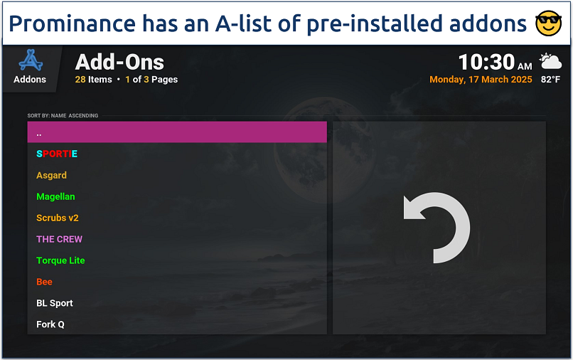 Screenshot of the pre-installed addons list found in the Prominance Kodi build