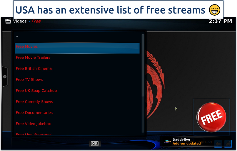 Screenshot of the Free Videos category in the USA Kodi build