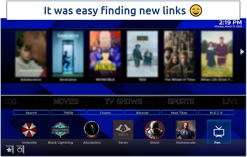 Screenshot of the Xontrix build home page with its popular streaming content
