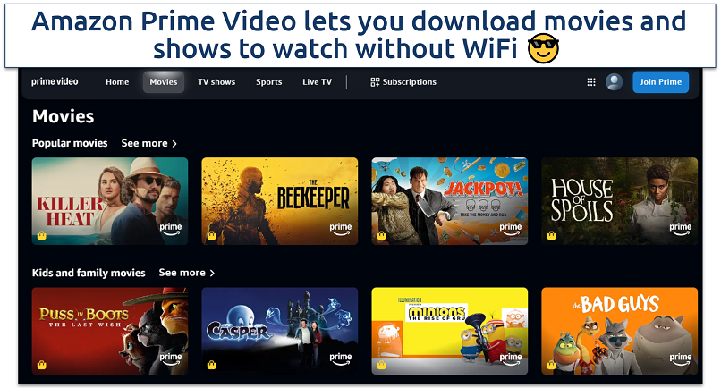 A screenshot of the Amazon Prime Video movies page