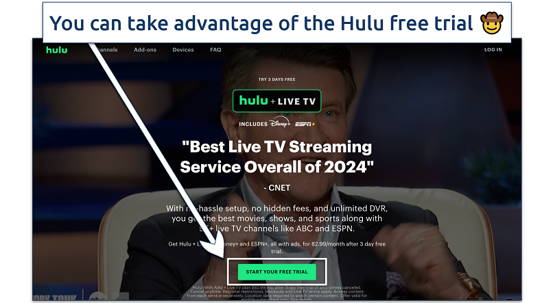 Screenshot of the Hulu welcome page