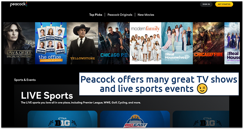 Screenshot of the Peacock home page