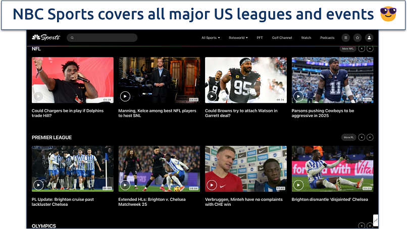 Screenshot of NBC Sports streaming platform interface