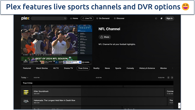 Screenshot of Plex sports streaming section