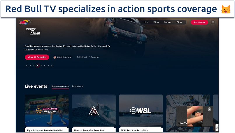 Screenshot of Red Bull TV streaming platform home page