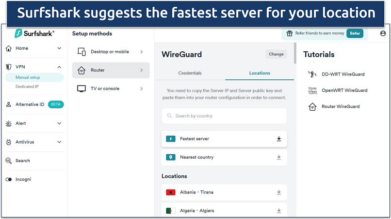 Screenshot of Surfshark's WireGuard configuration options for routers