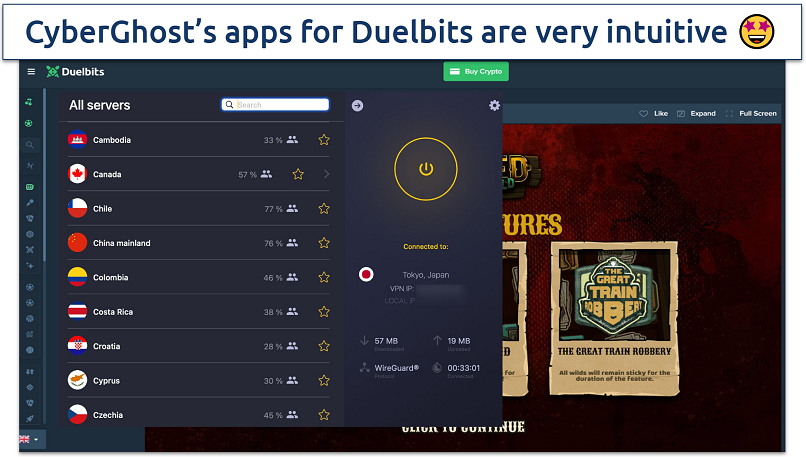 Screenshot showing CyberGhost app with Duelbits site