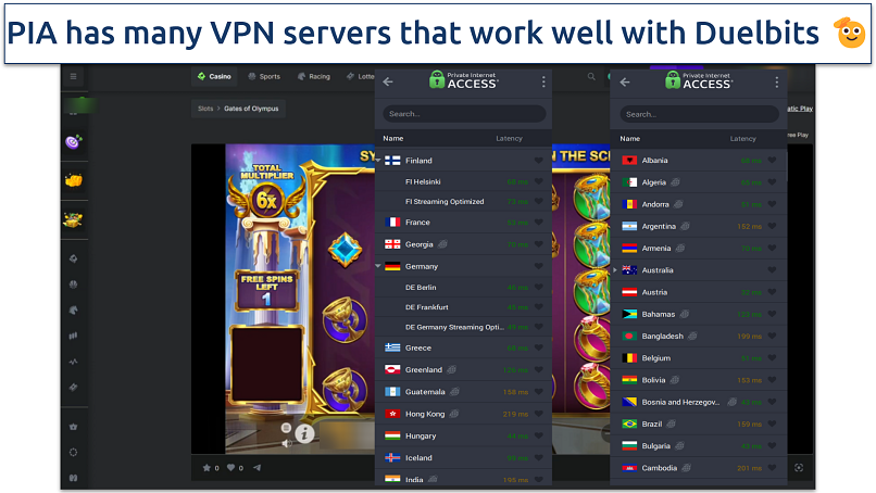 Screenshot showing PIA servers and Duelbits