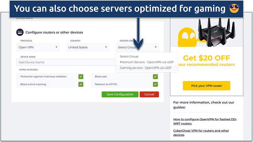 Screenshot of router configuration options on CyberGhost's website