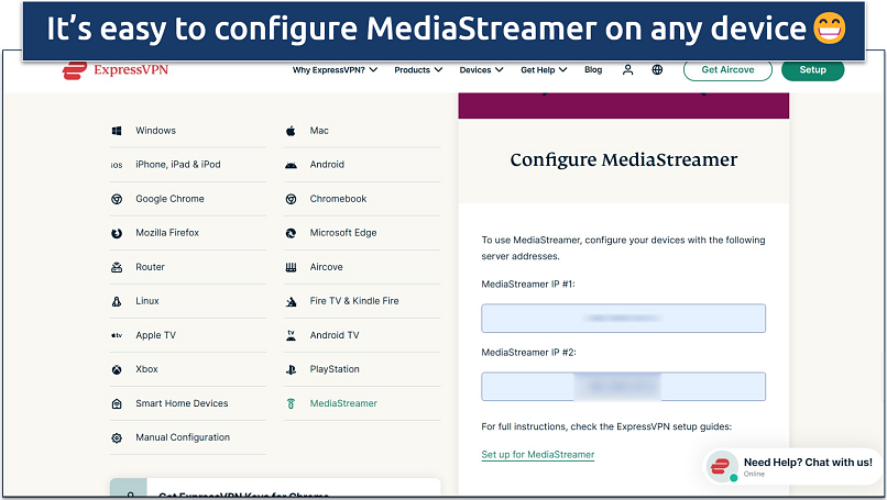 Screenshot of ExpressVPN's MediaStreamer server addresses