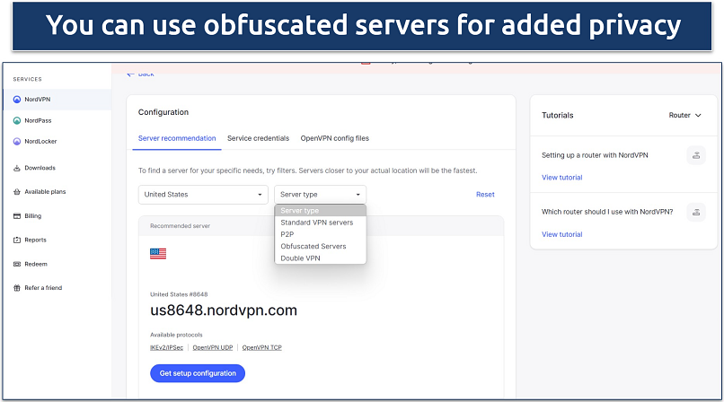 Screenshot of NordVPN's configuration files for router setup