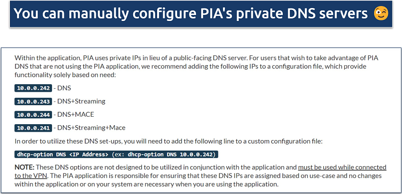 Screenshot of PIA's DNS set-ups for streaming, MACE, and standard use