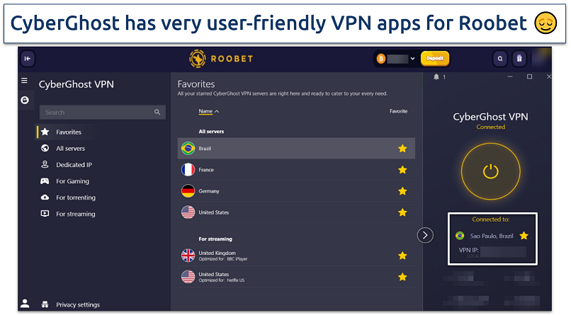 Screenshot showing the CyberGhost app and the Roobet site