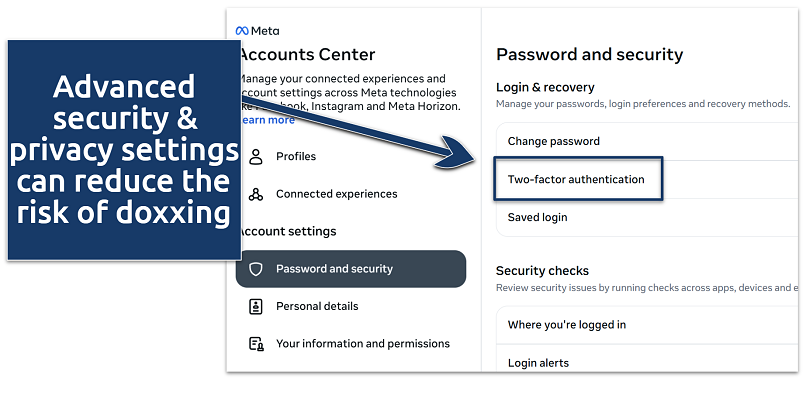 Screenshot showing the Meta account security settings