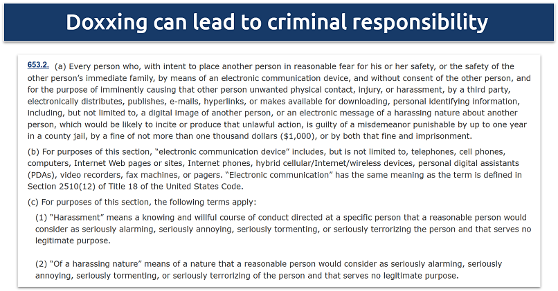 Screenshot showing California's Criminal Code for doxxing