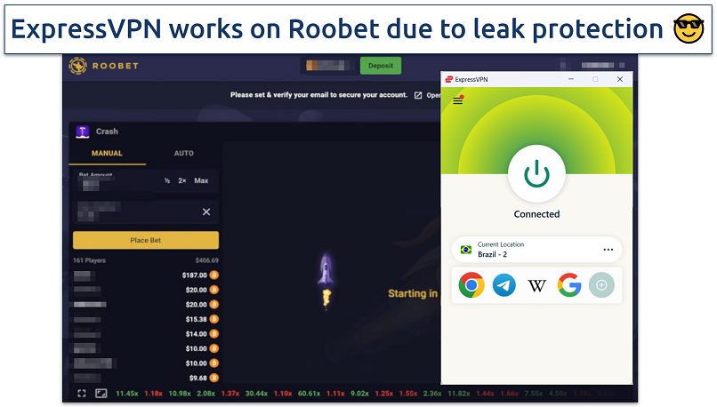 Screenshot showing Roobet Crash with ExpressVPN