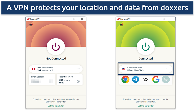 Screenshot showing ExpressVPN connected to an NY server