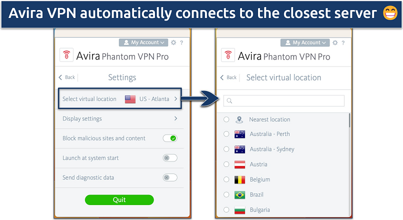 Screenshot of the server list in the Avira Phantom VPN app