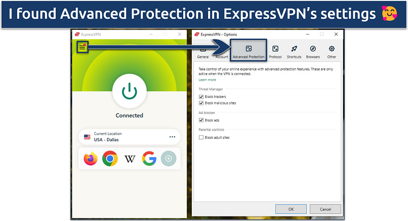 Screenshot of the Advanced Protection settings in the ExpressVPN app