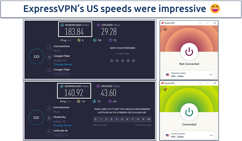 Screenshot of the speed test performed on ExpressVPN’s US server