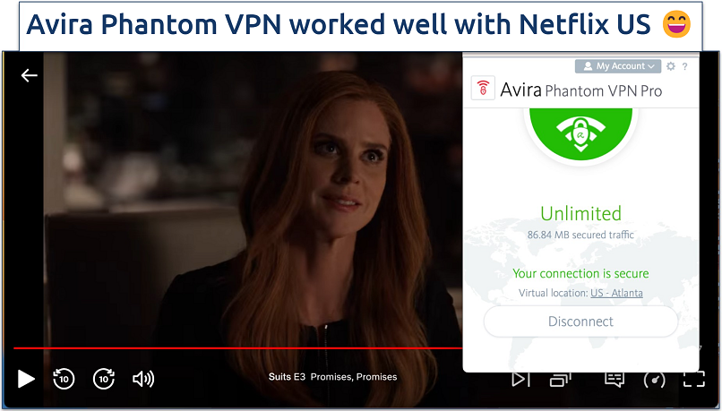 Screenshot of Netflix US streaming with the Avira Phantom VPN app in the background