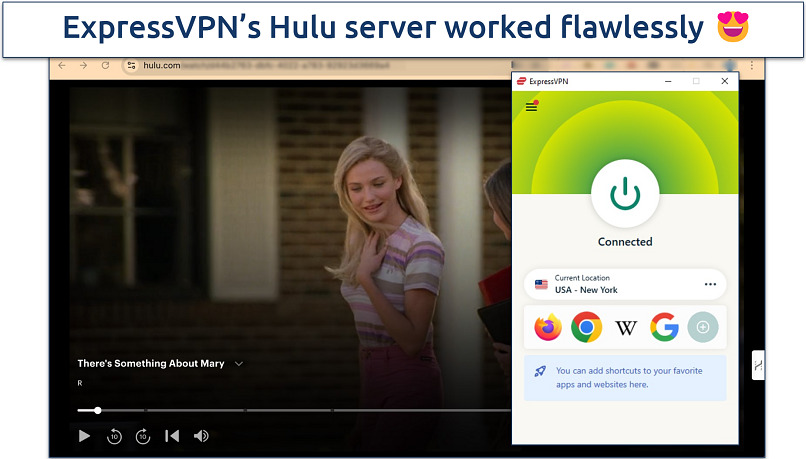 Screenshot of Hulu streaming with the ExpressVPN app in the background