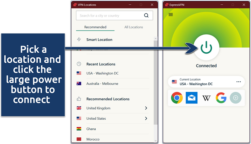 Screenshot of ExpressVPN's Windows app connected to a US server