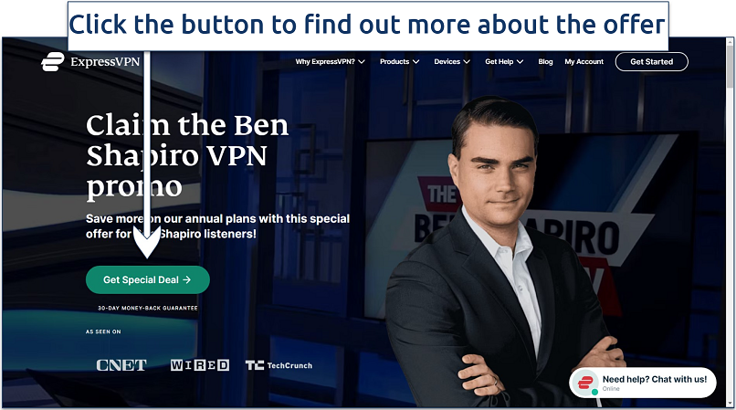 Screenshot of Ben Shapiro's ExpressVPN discount promo page