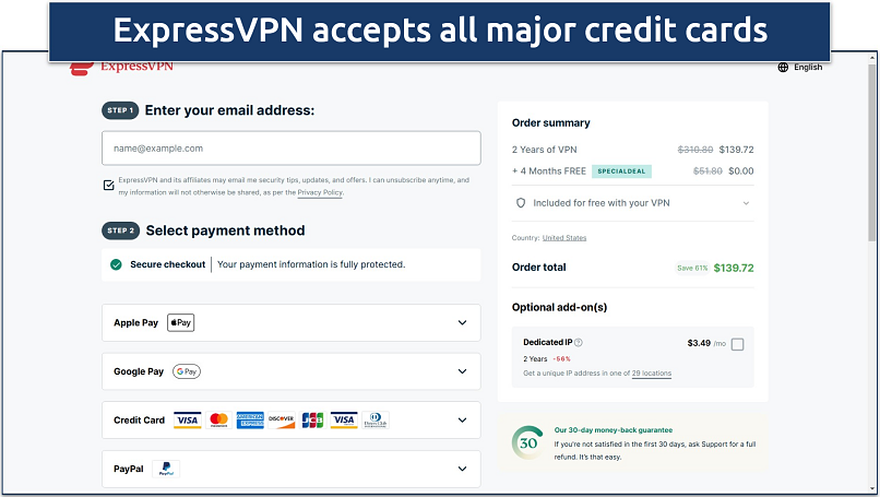 Screenshot of ExpressVPN's checkout page