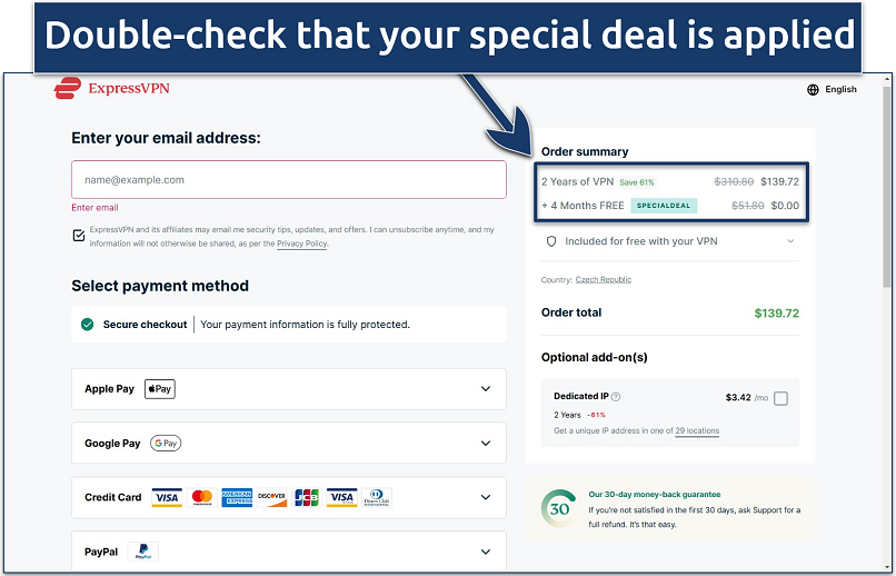 Screenshot of the ExpressVPN order checkout page