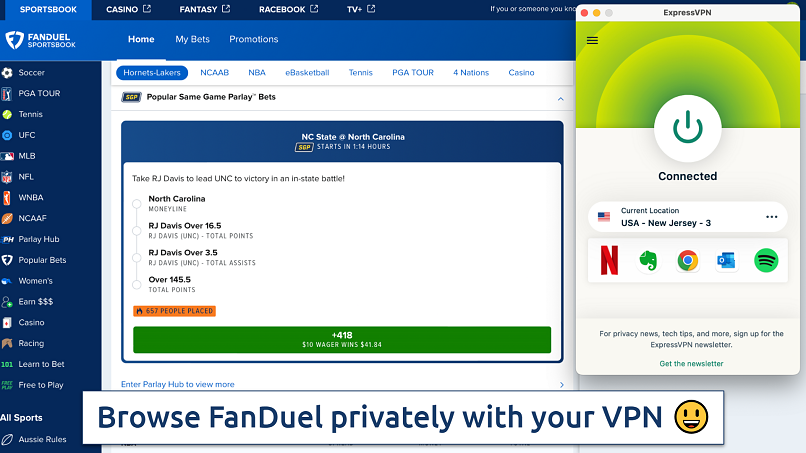 Screenshot of FanDuel with ExpressVPN connected to a USA - New Jersey server