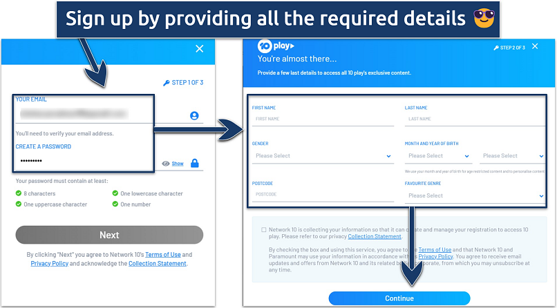 Image showing different steps to sign up for 10Play