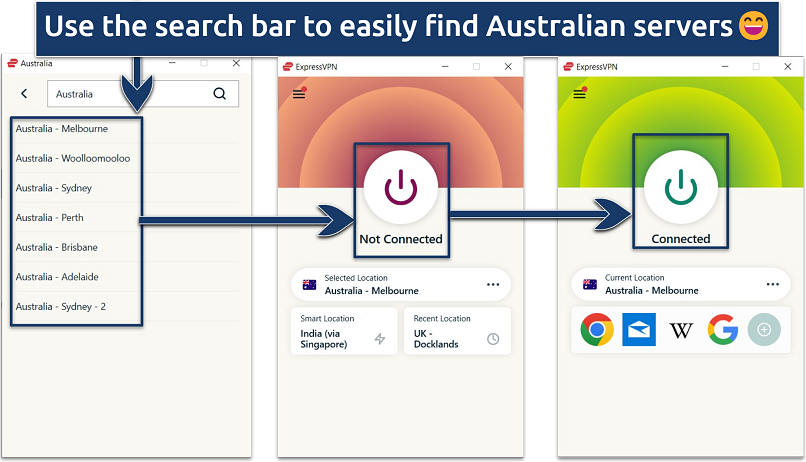 Screenshot showing the Australian servers available on ExpressVPN, with the Melbourne one connected