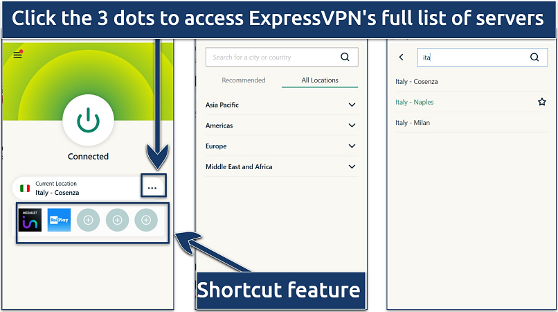 Screenshots showing how to access the server list in ExpressVPN's Windows app