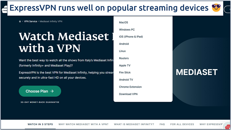 Screenshot of ExpressVPN's webpage highlighting its support for streaming Mediaset Infinity, with a dropdown menu displaying compatible devices.